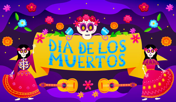 Greeting card for mexican holiday dia de los muertos festival with colourful lettering and dancing skeleton characters in traditional outfits, floral ornate and sugar skulls, day of the dead