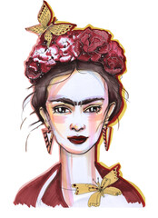 Mexican woman Frida Kahlo fashion illustration Exotic Portrait on white background made with markers
