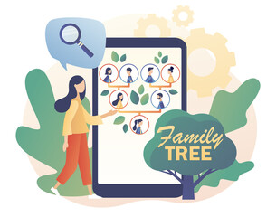 Genealogy online. Family tree in smartphone app. Tiny people: grandparents, parents, children. Pedigree. Example of relatives connection data. Modern flat cartoon style. Vector illustration 