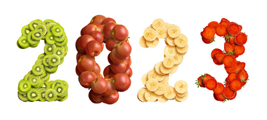 new year 2023, numbers made of fruits, kiwi, banana, apple, strawberry