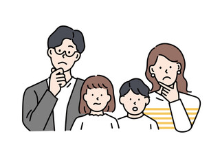 ファミリーイラスト(夫婦、親子、子供、ビジネス、疑問、悩む、考える、共働き) Family illustrations.husband and wife, parent and child, children, business, kids, dual-income .question