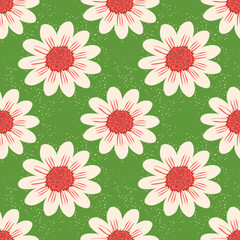 Wild big chamomile flowers. Seamless summer pattern with large flowers on a green background. For printing on fabrics, textiles, paper, decorative pillow, interior design.  Vector.