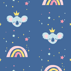 Vector seamless childish pattern with a сute baby koala with a crown on its head and a rainbow isolated on a dark blue background. 