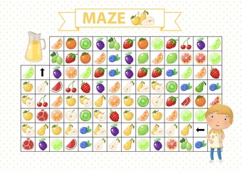 Maze game for children. Find the correct path by yellow food. Cartoon boy and juice in glass jar