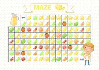 Maze game for children. Find the correct path by yellow lemon. Cartoon boy and juice in glass jar