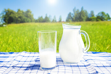 Pitcher and glass of milk on a background of green field and blue sky.