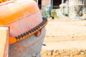 Industrial concrete mixer at a construction site. Preparation of concrete and mortar.
