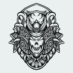 tattoo and t shirt design black and white hand drawn samurai skull engraving ornament