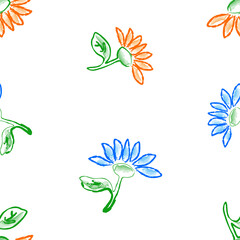 Seamless floral pattern of outlines blue and orange daisies