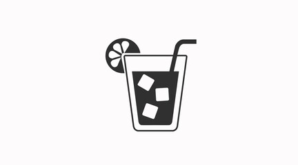 Drink Icon. Vector isolated black and white illustration of a glass with ice, drink and a straw