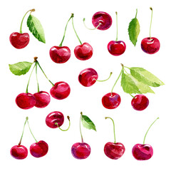 Watercolor bright  cherry berries with twigs and leaves set, isolated on a white background.