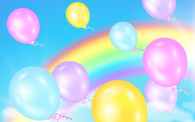 Fantasy background of magical blue sky with flying colorful balloons and, rainbow.