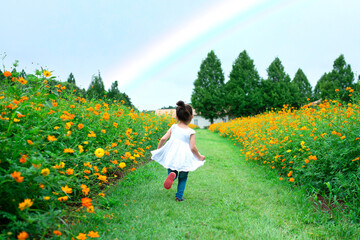 虹に向かって走る少女