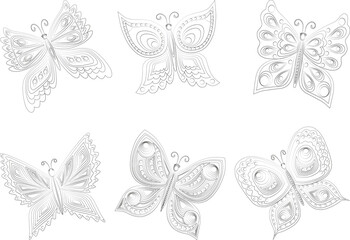 Vector contour drawings of set ornamental fantasy butterflies