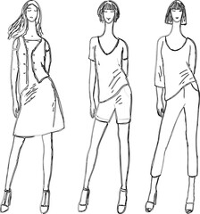 Vector contour drawings of young slim modern fashionable women