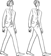 Vector contour drawings of young striding men in classical business costumes
