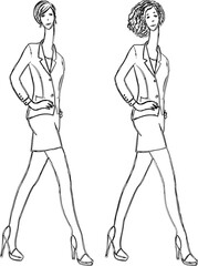 Vector contour drawings of young walking slim women in business suits