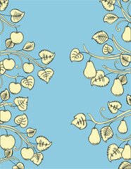 Vector image of drawn yellow branches fruit trees on blue background
