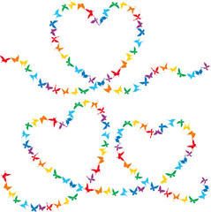 Vector image of various colorful flying butterflies in hearts shapes