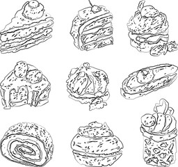 Vector outline drawings of various tasty brownies