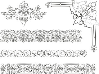 Vector outline drawings of various vintage borders and design elements