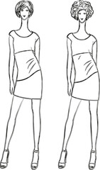 Vector outline drawings of young slim women in summer dresses