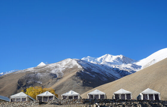 Nature Scene of Landscape white camping and himalaya snow mountain background at Leh Ladakh ,Jammu and Kashmir , India - Rugged camping trips and adventurous backpacking