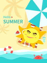 Obraz na płótnie Canvas Summer holiday illustration. Cute sun cartoon is sunbathing on the beach.