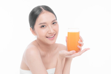 Beautiful beauty Asian woman  cute girl feel happy drinking orange juice for good health on  white background - lifestyle beauty woman healthy concept