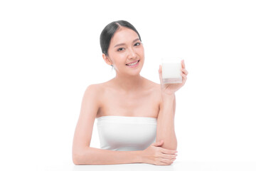 Obraz na płótnie Canvas beauty woman Asian cute girl feel happy drinking milk for good health in the morning on white background - lifestyle beauty woman concept