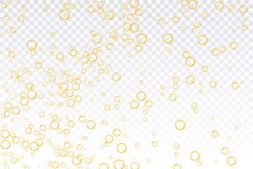 Golden air bubbles, oxygen, champagne crystal clear, isolated on a transparent background of modern design. Vector illustration of eps 10.