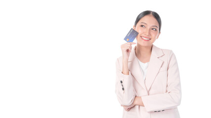Business Asian woman showing credit card for payment shopping online , paying by credit card online...