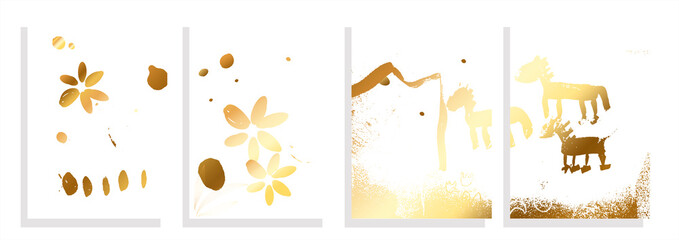 set of banners with horse simple style drawing,golden texture