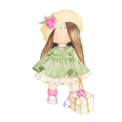 Watercolor illustration of a textile doll Tilda. Perfect for printing, web, textile design, souvenirs, scrapbooking.