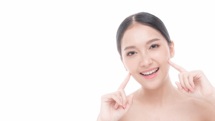 Beautiful young Asian woman smile and touching her face with clean skin , Fresh skin , on white background - Facial treatment , Cosmetology , beauty and spa concept