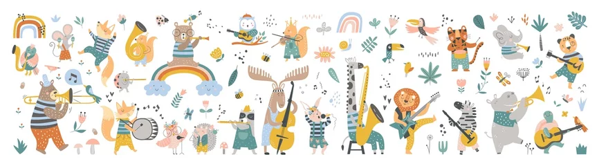  Geïsoleerde set met schattige dieren die op verschillende muziekinstrumenten spelen in Scandinavische stijl. Tekenfilm dieren die muziek spelen. Ideaal kinderontwerp, voor stof, verpakking, textiel, behang, kleding © Angelina De Sol