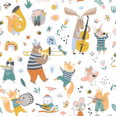 Fototapety  Seamless childish pattern with cartoon fox, bear, racoon, ladybird, bunny, mouse playing on different instruments. Creative kids texture for fabric, wrapping, textile, wallpaper, apparel. Vector illus