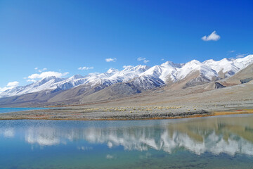 Landscape Pangong tso or Pangong Lake with himalaya snow mountain background and reflection in the lake at Leh Ladakh ,Jammu and Kashmir , India - Unseen outdoor travel nature 