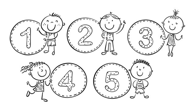 Stick figure. Counting numbers with kids. Outline clipart