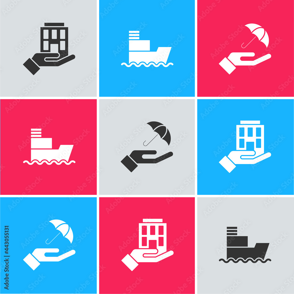 Sticker Set House in hand, Ship and Umbrella icon. Vector