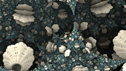 Fantastic 3D fractal background with recursive structures und shapes that looks alike shells. © Edition Hackfresse