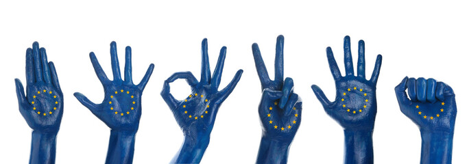 Many hands painted in colors of European Union flag on white background