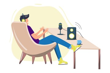 Man sitting in chair. Podcast. Happy young man sitting and streaming podcast. Live streaming. Vector flat style cartoon illustration.