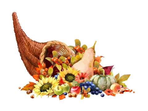 Watercolor Fall Cornucopia clipart. Autumn Harvest Clip Art, Thanksgiving Day art
