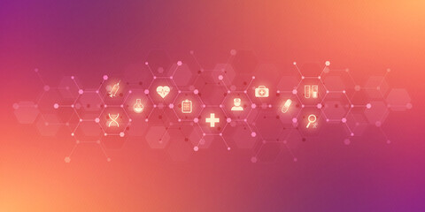 Fototapeta premium Illustration of healthcare and technology concepts with flat icons and symbols. Template design for health care business, innovation medicine, pharmaceutical industry, science, medical research