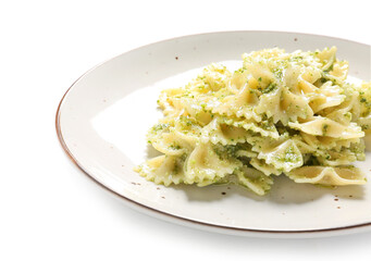 Plate with tasty pesto pasta on white background