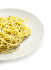 Plate with tasty pesto pasta on white background