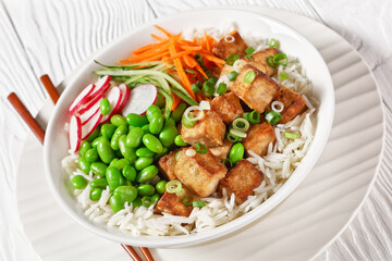 tofu poke bowl with basmati rice and veggies