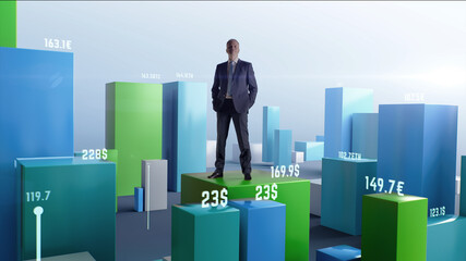 Middle aged businessman walking amidst rising and falling graphs