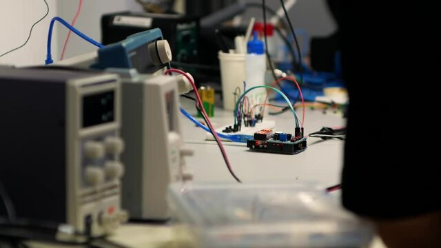 Close-up of electrical measuring equipment. Engineering students study in a laboratory in physics or electronics.
